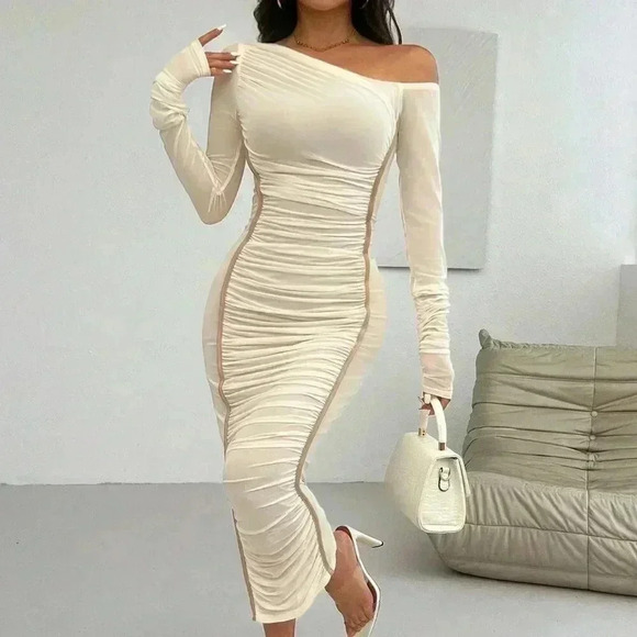 Apricot Elegant Women's Vintage Asymmetric Pleated One Shoulder Ruched Hem Dress - Picture 6 of 7